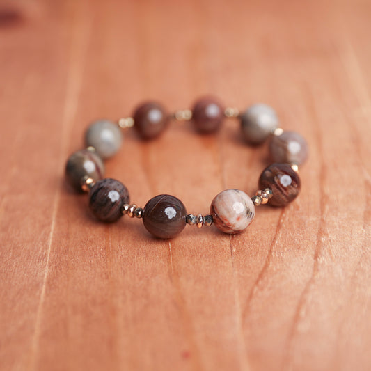 Pyrite, Hematite spacers and Petrified Wood
