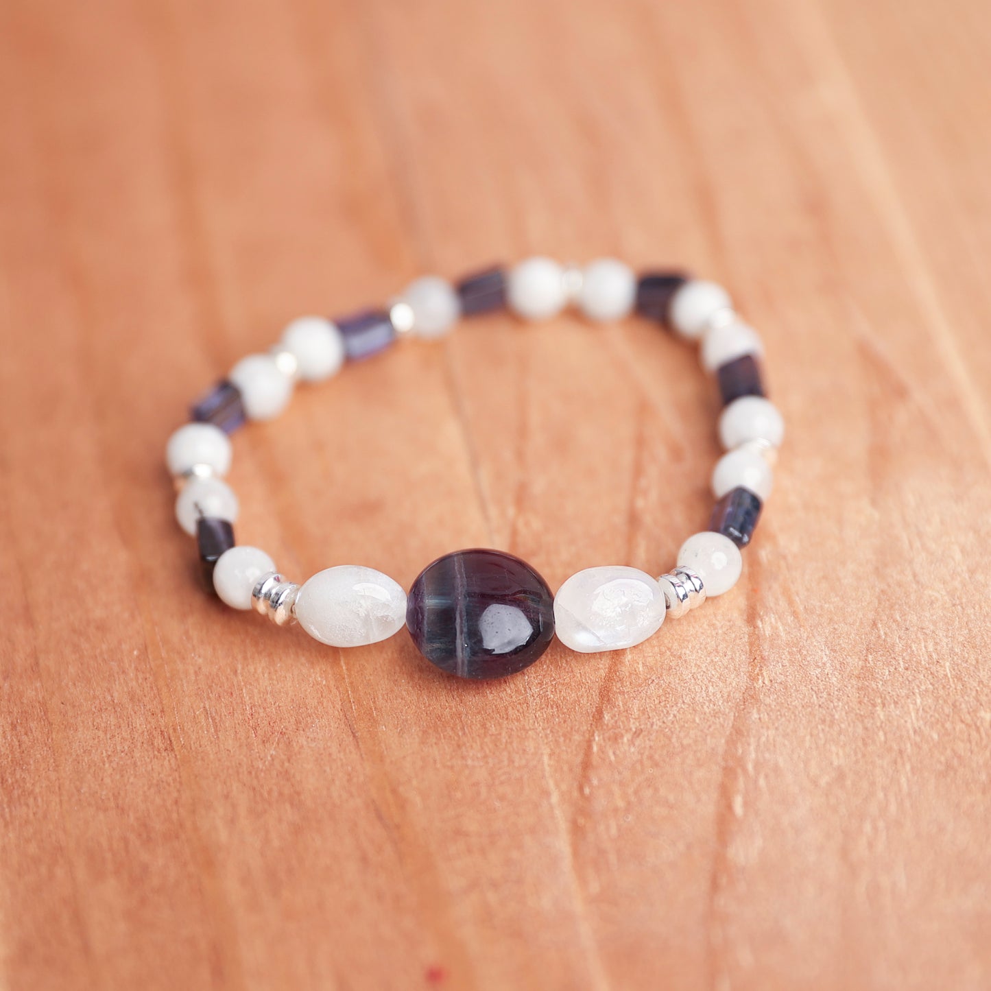 Moonstone and Tanzanite stretch bracelet with Flourite Focal
