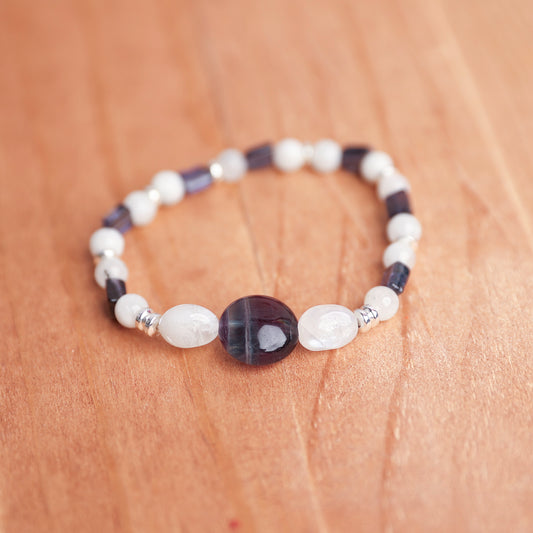 Moonstone and Tanzanite stretch bracelet with Flourite Focal