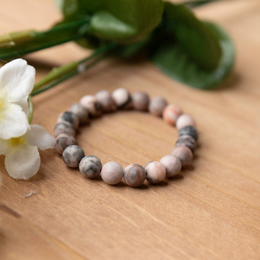Matte Pink Zebra Jasper Beaded Bracelet – 6” Stretch