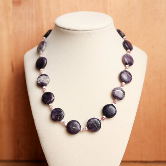 Charoite & Pink Tourmaline Gemstone Necklace