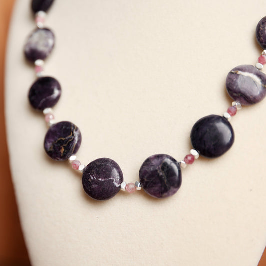 Charoite & Pink Tourmaline Gemstone Necklace