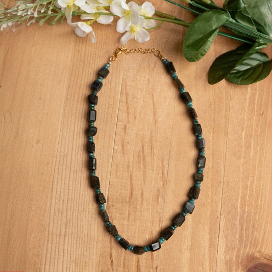 Labradorite & Chrysocolla Necklace – 16.5” + 2” Gold Extender