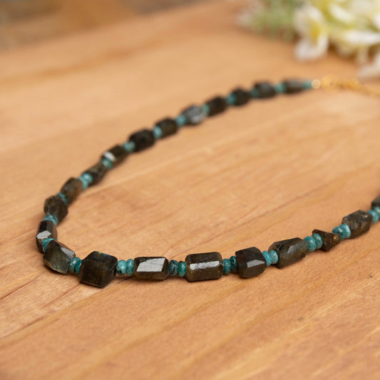 Labradorite & Chrysocolla Necklace – 16.5” + 2” Gold Extender