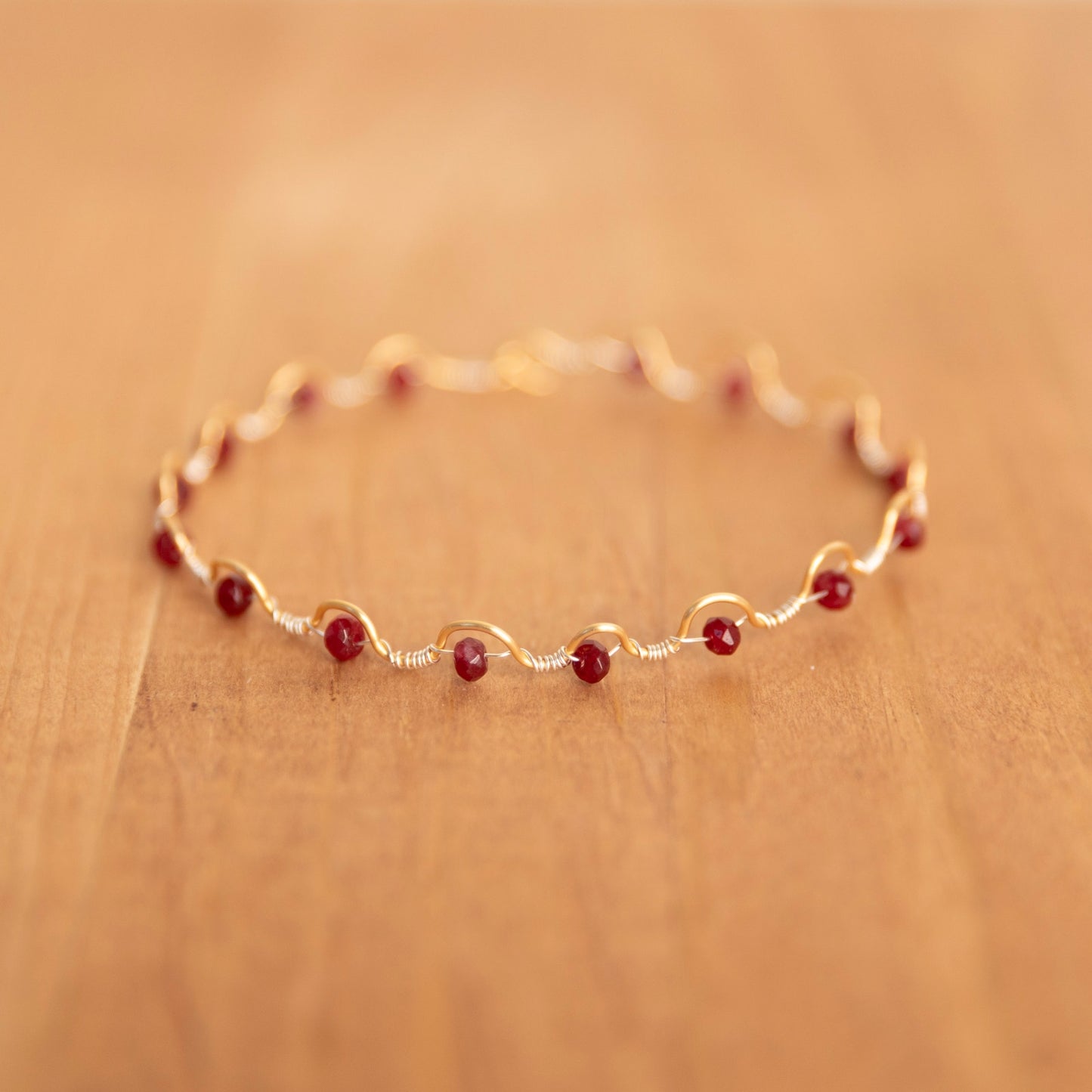 Two Tone Wire Wrap Bracelet w/ Red Malyasian Jade - 8.25 inches