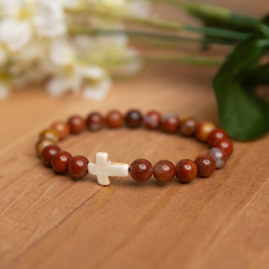 Red Jasper Bracelet with White Cross Accent